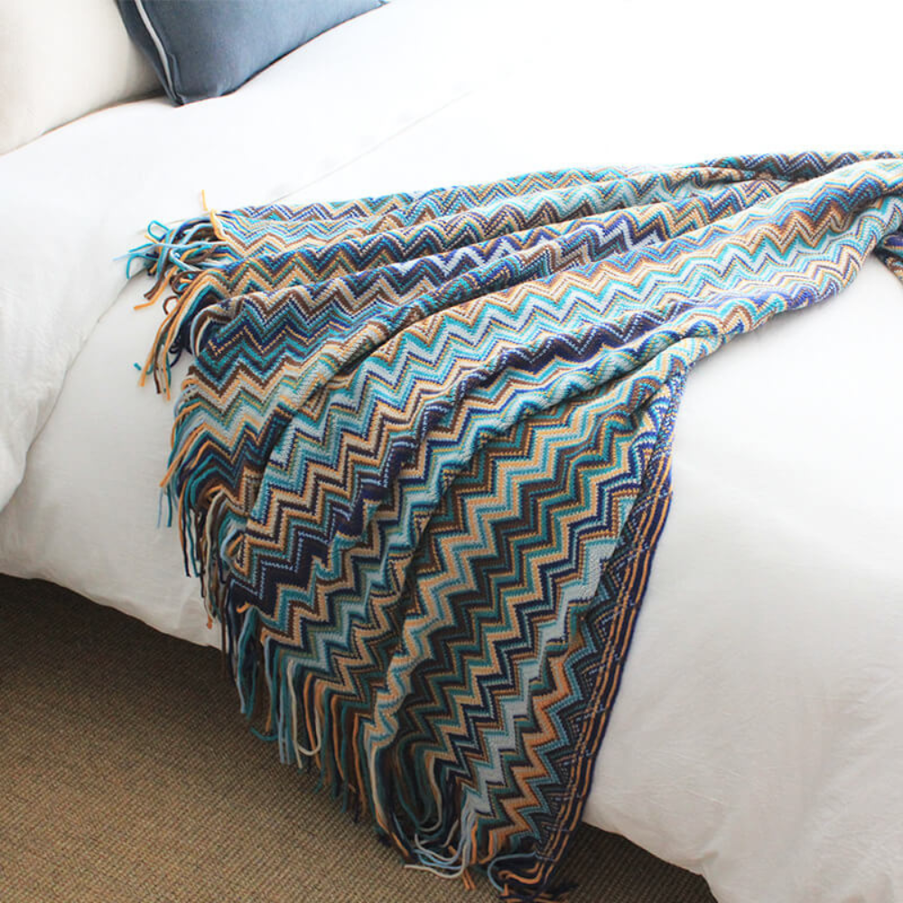 Gebreide plaid met zigzag patroon en franje meerkleurig zacht acryl voor bank bed en decoratie woonkamer | Sulvida