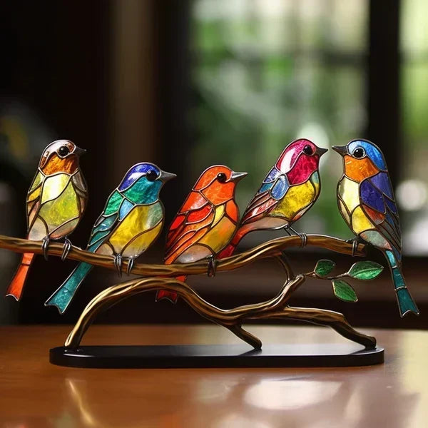 Decoratieve Vogelbeeldjes in Gekleurd Glas – Artistiek Interieurornament in Metaal | Sulvida