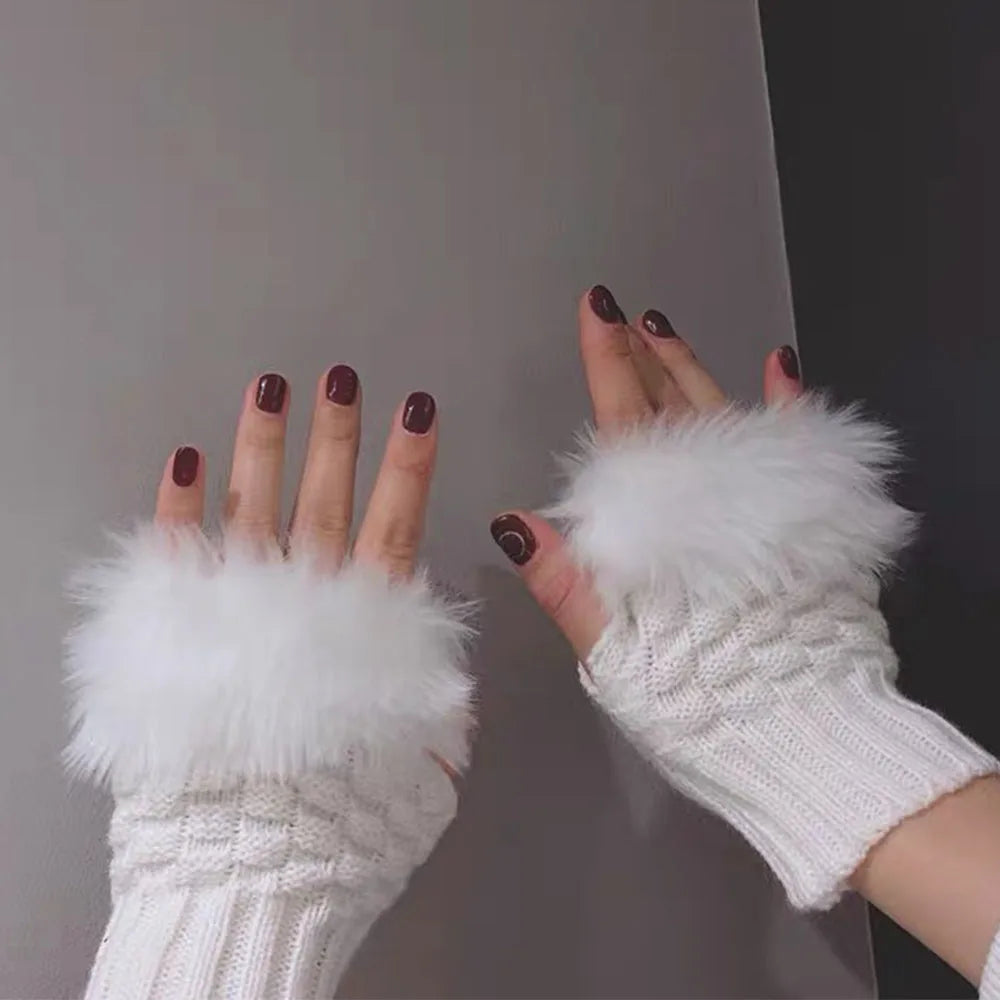 Vingerloze Handschoenen Dames Faux Fur Winter Pluche Wanten Gebreide Warme Touchscreen Winterhandschoenen | Sulvida