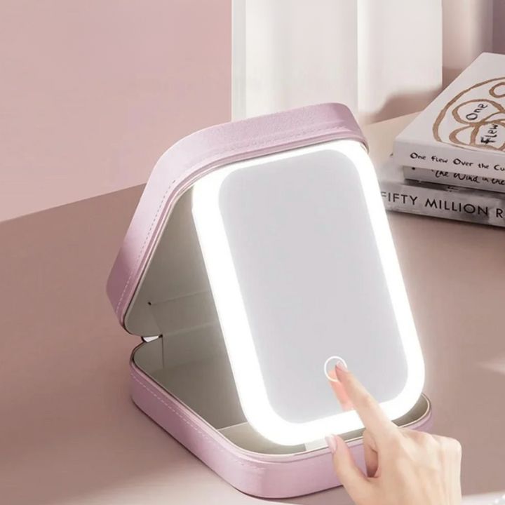Cosmeticakoffer met LED-spiegel en USB-oplaadbare verlichting in drie standen voor make-up onderweg en opslag | Sulvida