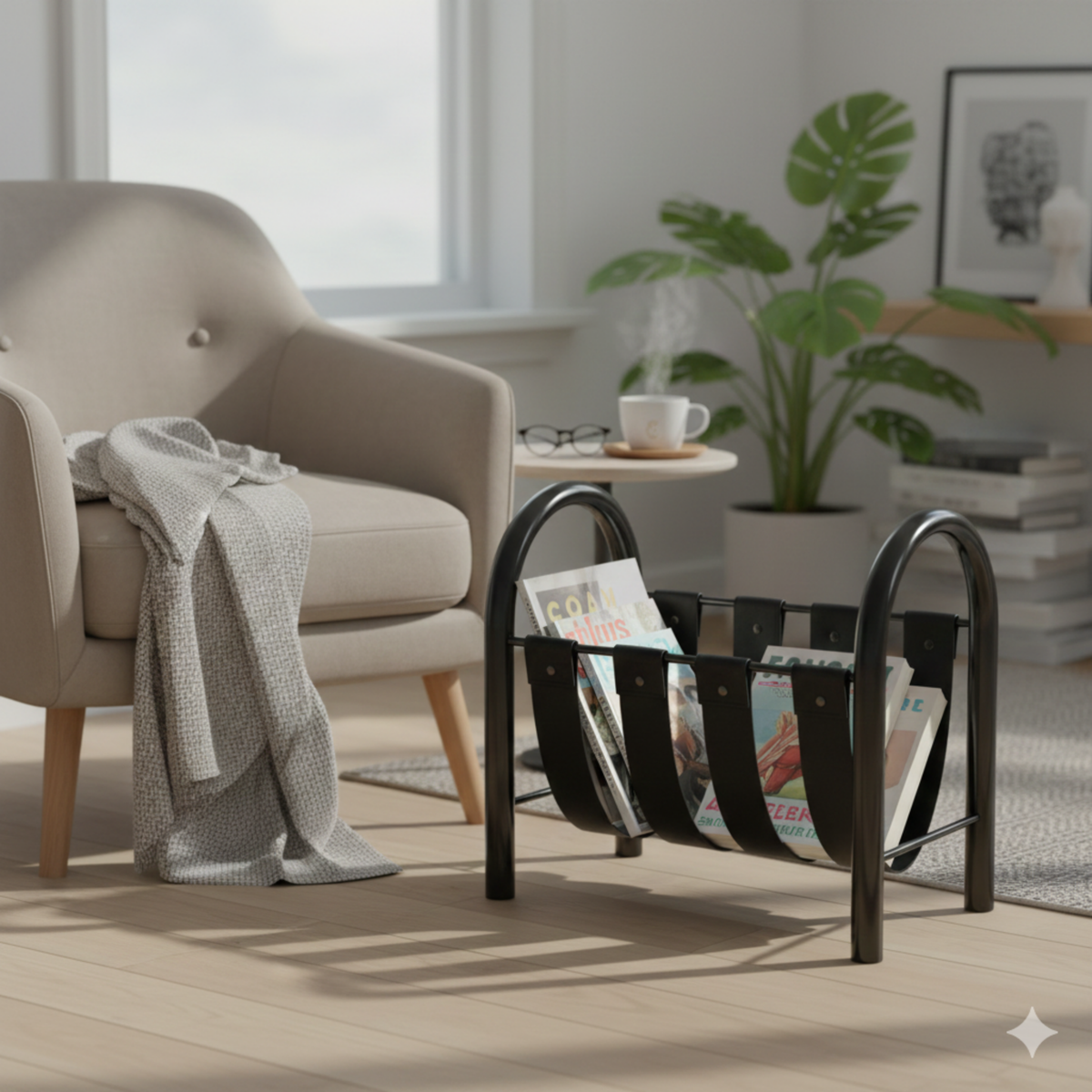 Tijdschriftenhouder Zwart Leer Metaal Staand Klein 35×19×27 cm Modern Luxe Kantoor Woonkamer Studeerkamer | Sulvida