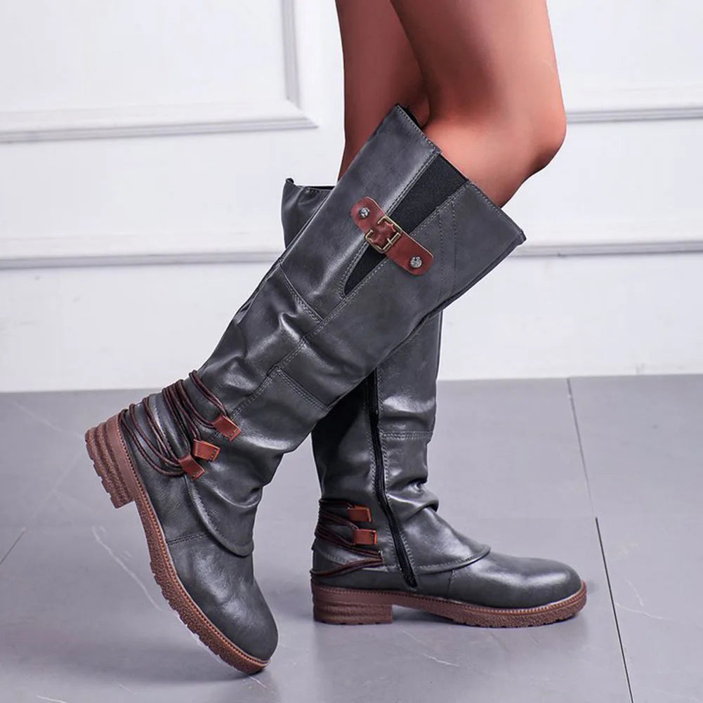 Leren Ritslaarzen voor Dames Vintage Comfortabel Halfhoog Winterschoenen met Warme Voering en Platte Zool | Sulvida