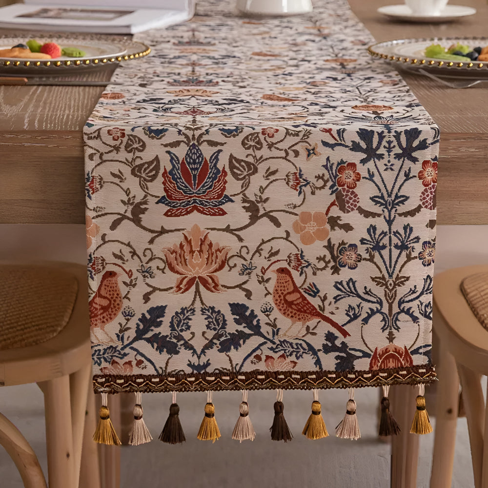 Jacquard Tafelloper met Vintage Vogelmotief en Kwastjes Landelijke Stijl Tafeldecoratie Eettafel Decoratie | Sulvida