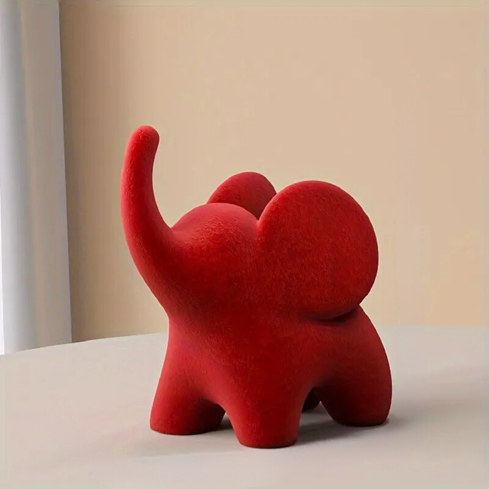 Olifantenfiguur met Flocked Afwerking Beige of Rood – Decoratief Harsbeeld Woonaccessoire 9,5×5,4×9,7 cm | Sulvida