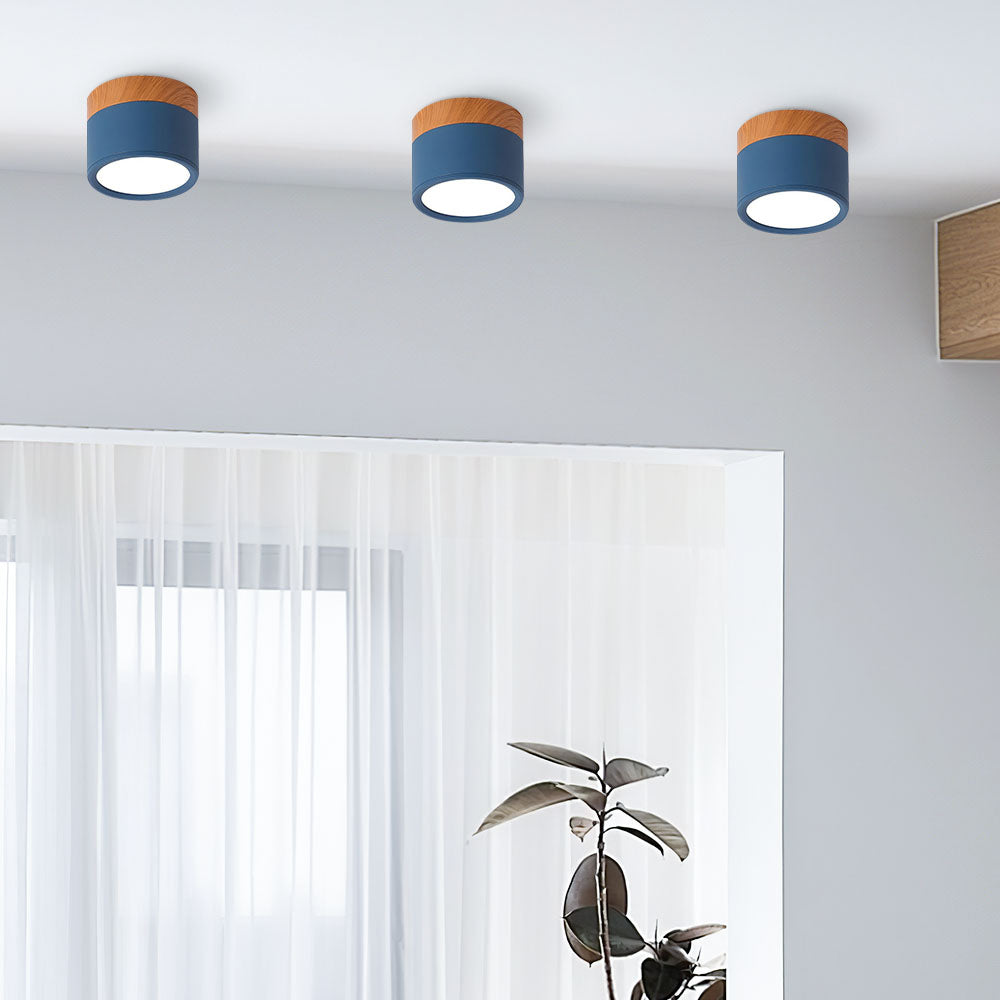 Compacte plafondspot aluminium hout rond warm wit LED verlichting hal woonkamer eetkamer modern Scandinavisch | Sulvida