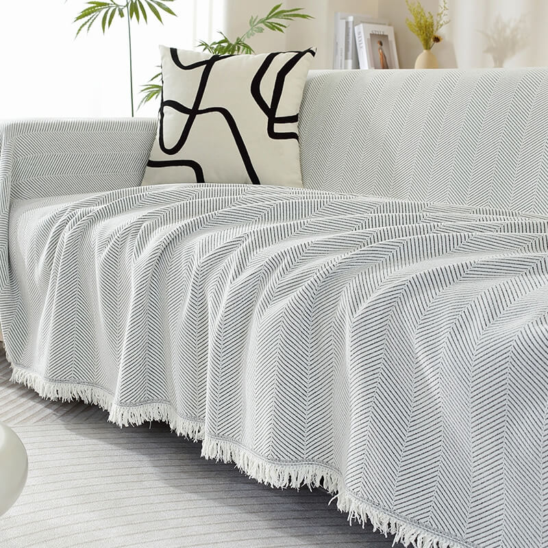 Chenille Plaid Visgraatmotief Franjes Woonkamer Bankovertrek Beschermer Luxe Deken Wit Grijs Decoratief | Sulvida