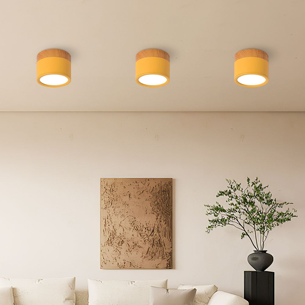 Compacte plafondspot aluminium hout rond warm wit LED verlichting hal woonkamer eetkamer modern Scandinavisch | Sulvida