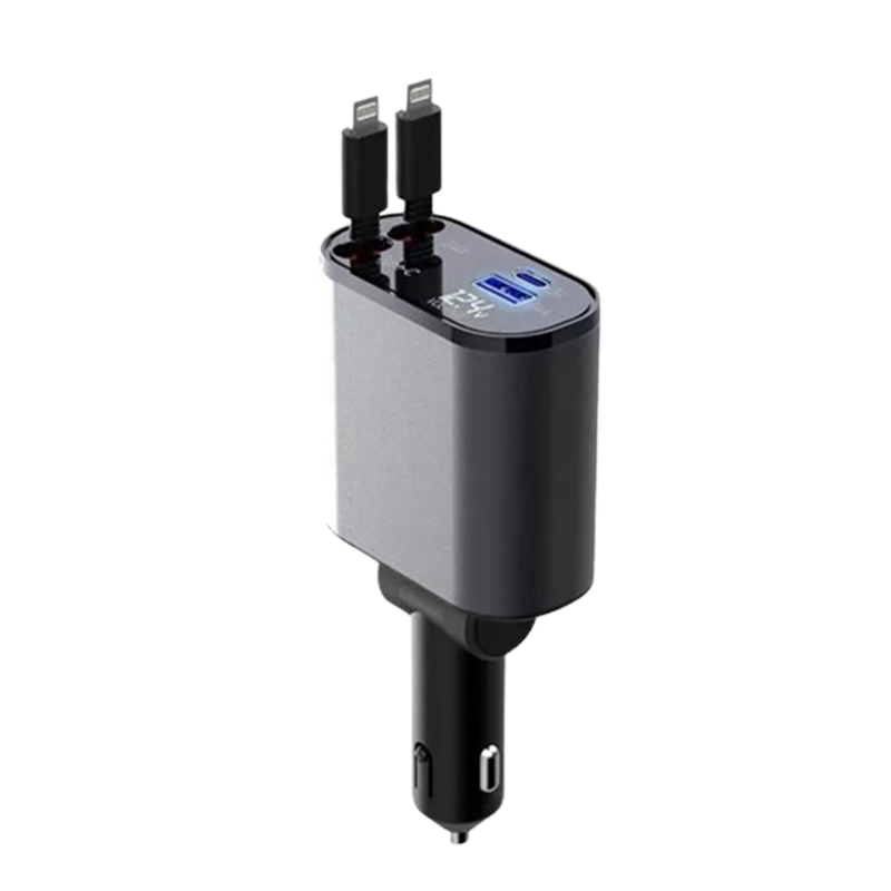 Chargeur de voiture 4-en-1 avec câble rétractable Type-C Lightning, charge rapide, 80cm, universel 12-24V | Sulvida