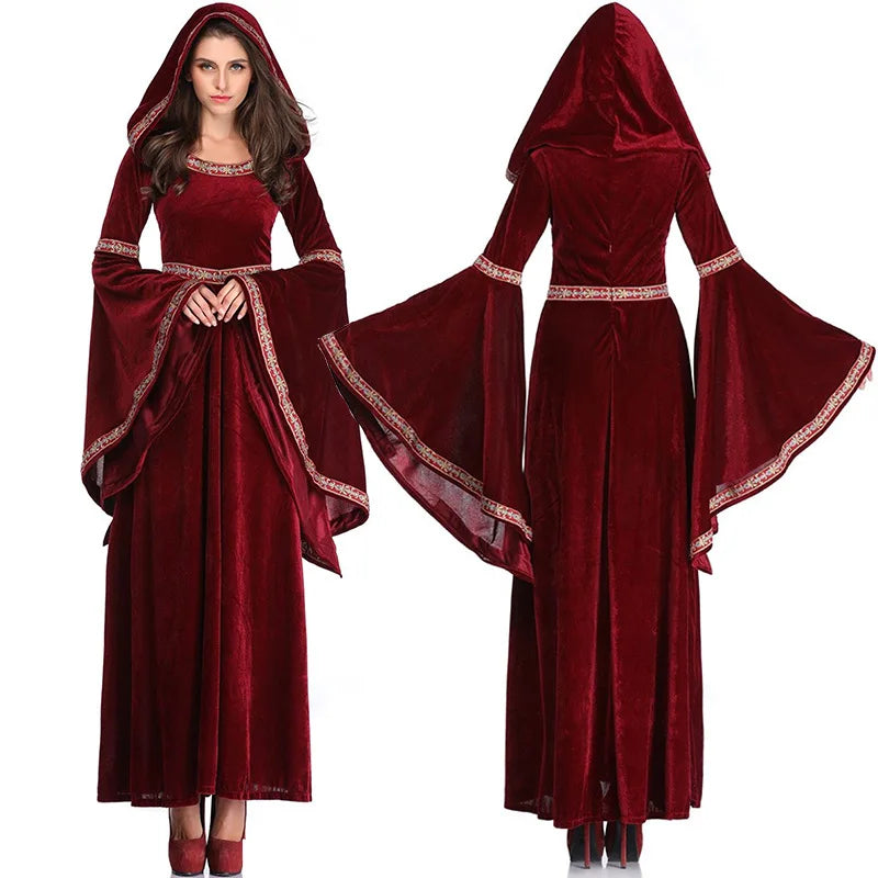 Gotische Fluwelen Vampierjurk met Capuchon Wijd Uitlopende Mouwen Middeleeuws Fantasy Kostuum Verkleedkleding | Sulvida