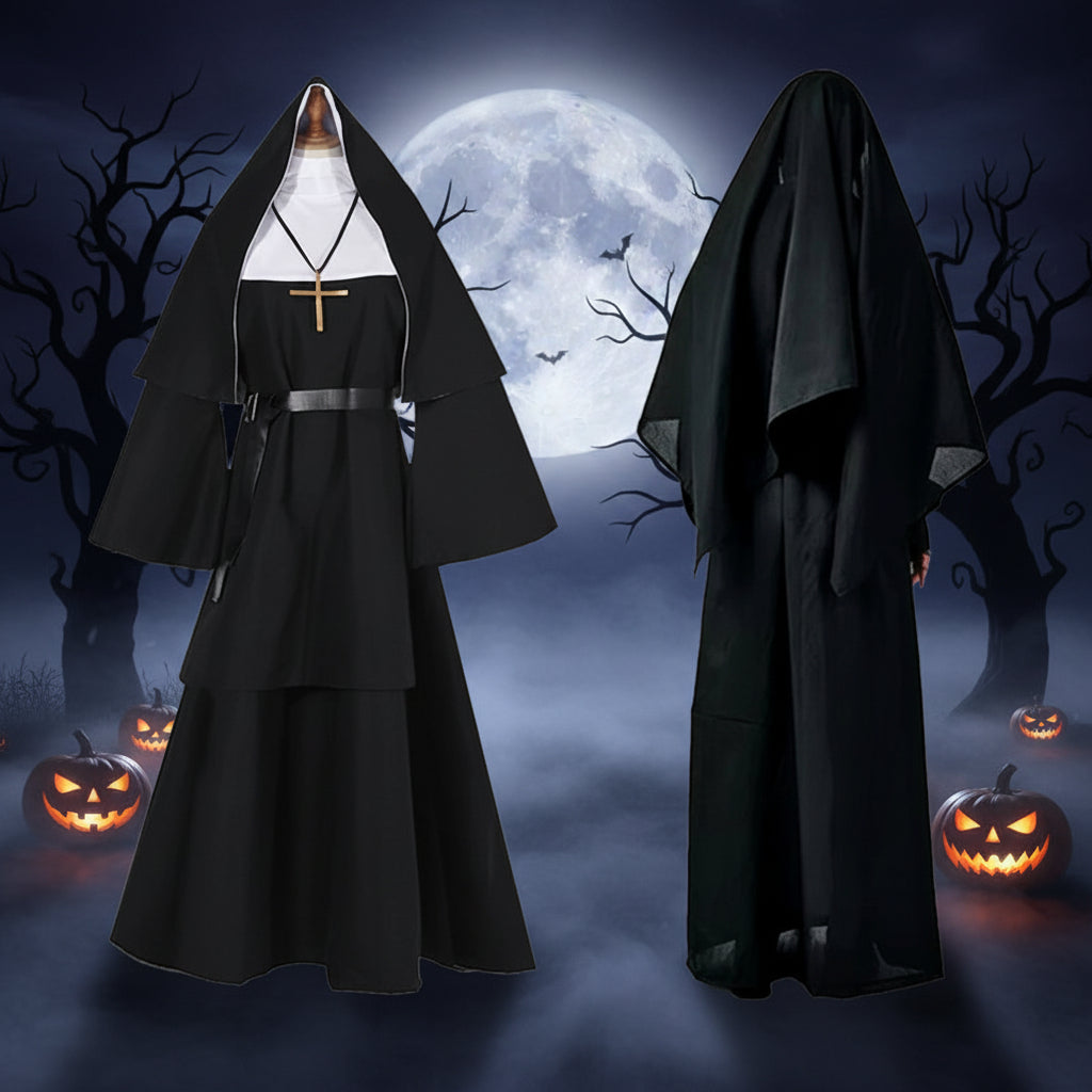 Nonnen Horror Kostuum Volwassenen Zwart Religieuze Cosplay Outfit Halloween Feest Duistere Verkleedkleding | Sulvida