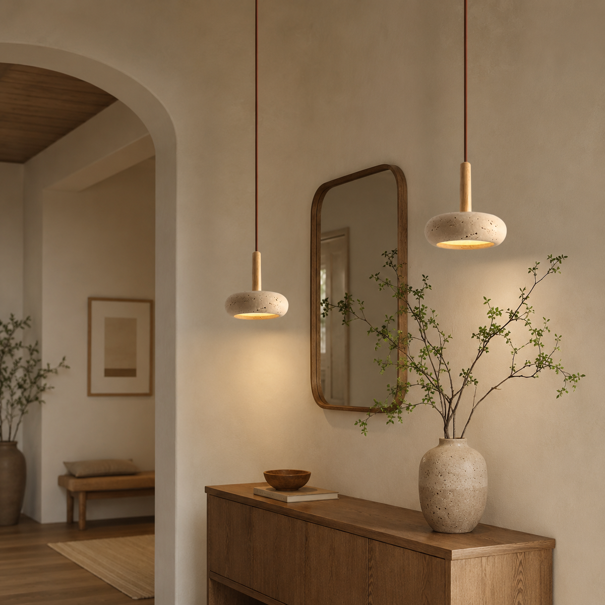 LED Hanglamp Japanse Stijl Houten Steen Kap Verstelbaar 15cm Warm Licht Natuurlijk Design Woonkamer Eetkamer | Sulvida