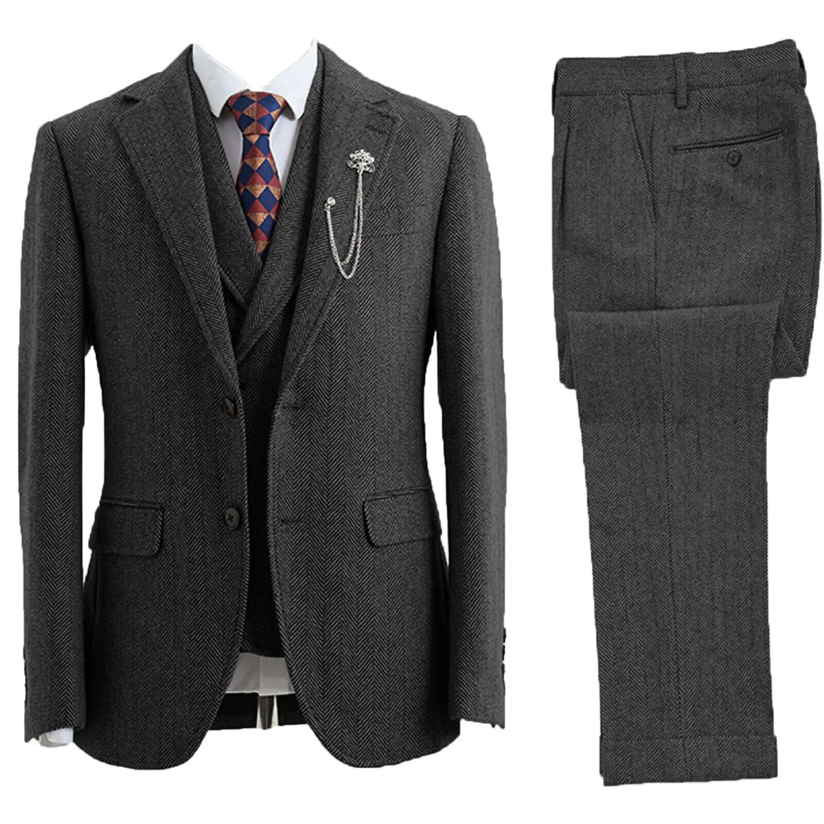3-delig Visgraatpak voor Heren in Vintage Tweed Bruin Grijs | Elegante Colbert met Vest en Pantalon Set | Sulvida