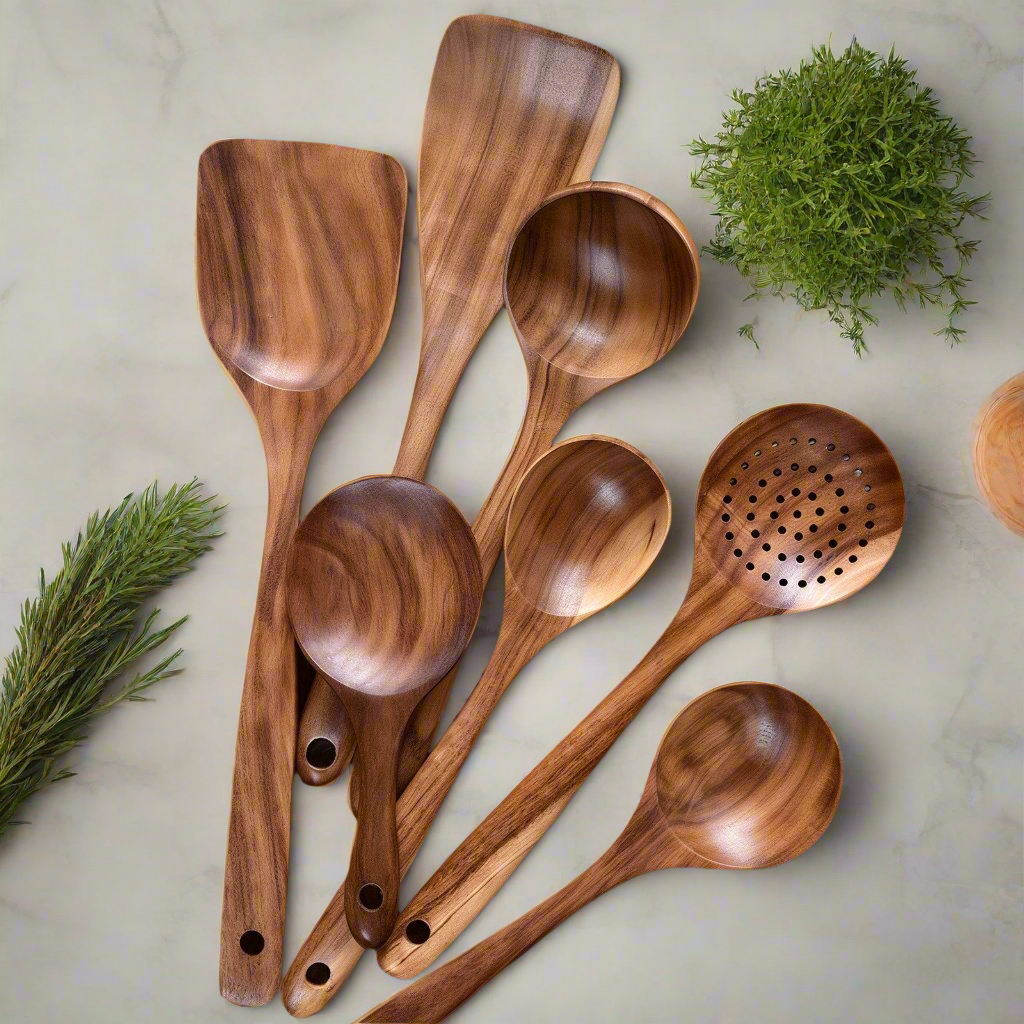 Set de cuillères de cuisine en teck antibactériennes - Set de spatules en bois durable résistant à la chaleur, ustensiles de cuisine pour cuisiner et pâtisser | Sulvida