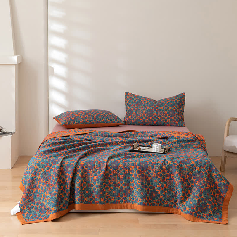Zeslaags Katoenen Quilt Oranje en Blauw Patroon Omkeerbaar Dekbed Ademend Bedtextiel voor Modern Slaapkamerinterieur | Sulvida