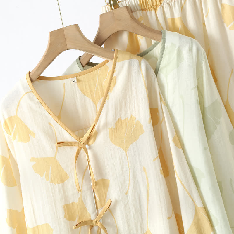 Loungewear-set van katoen met ginkgo-bladmotief en strikdetail – comfortabele tweelaagse gazen pyjamaset met zakken voor dames, ideaal voor lente, zomer en herfst | Sulvida