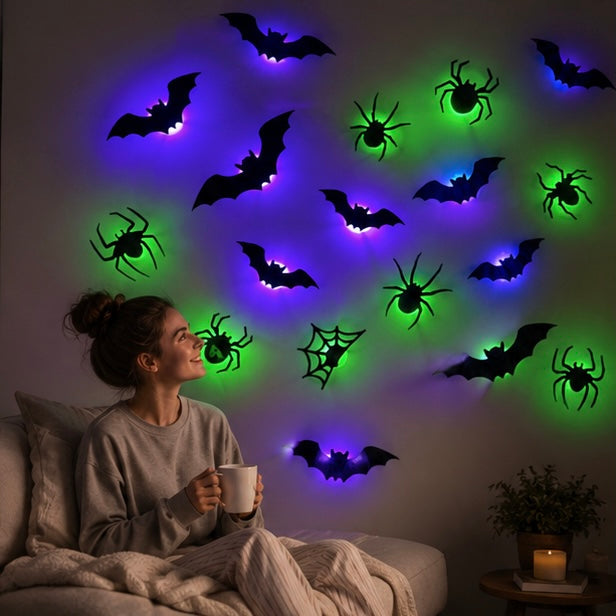 Lichtgevende 3D Vleermuisstickers met LED Verlichting Wanddecoratie Halloween Feest Decoratie Binnen Buiten | Sulvida