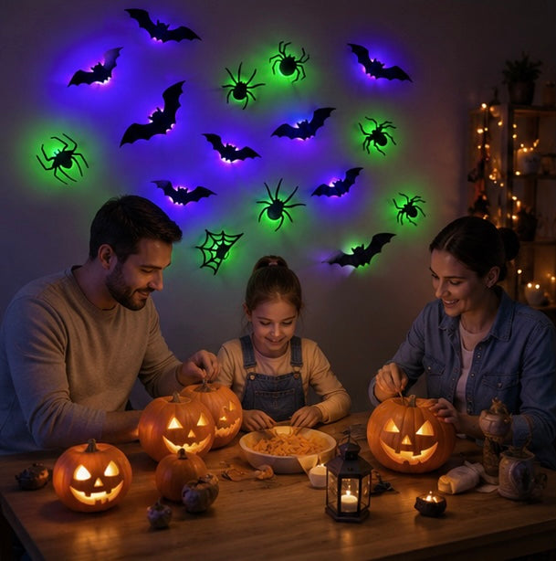 Lichtgevende 3D Vleermuisstickers met LED Verlichting Wanddecoratie Halloween Feest Decoratie Binnen Buiten | Sulvida
