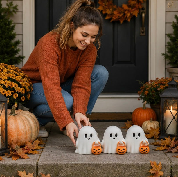 Spookjes Decoratieset Halloween - 3 Schattige Geesten met Pompoen - Herfsttafel Decoratie Herfst Sfeer | Sulvida