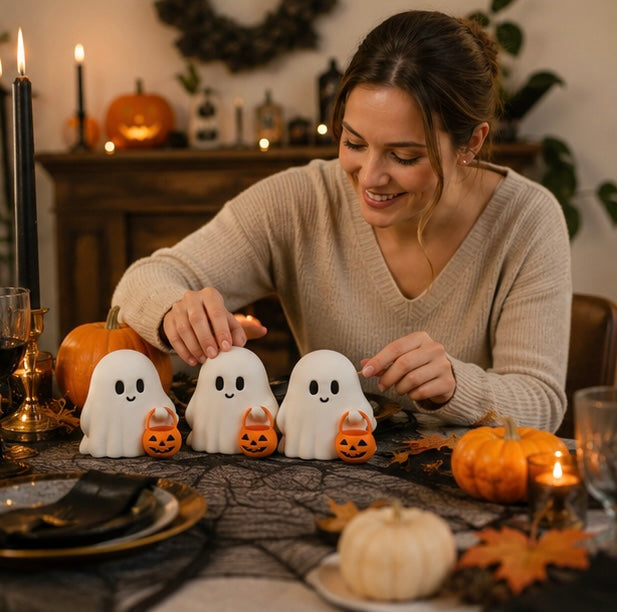 Spookjes Decoratieset Halloween - 3 Schattige Geesten met Pompoen - Herfsttafel Decoratie Herfst Sfeer | Sulvida