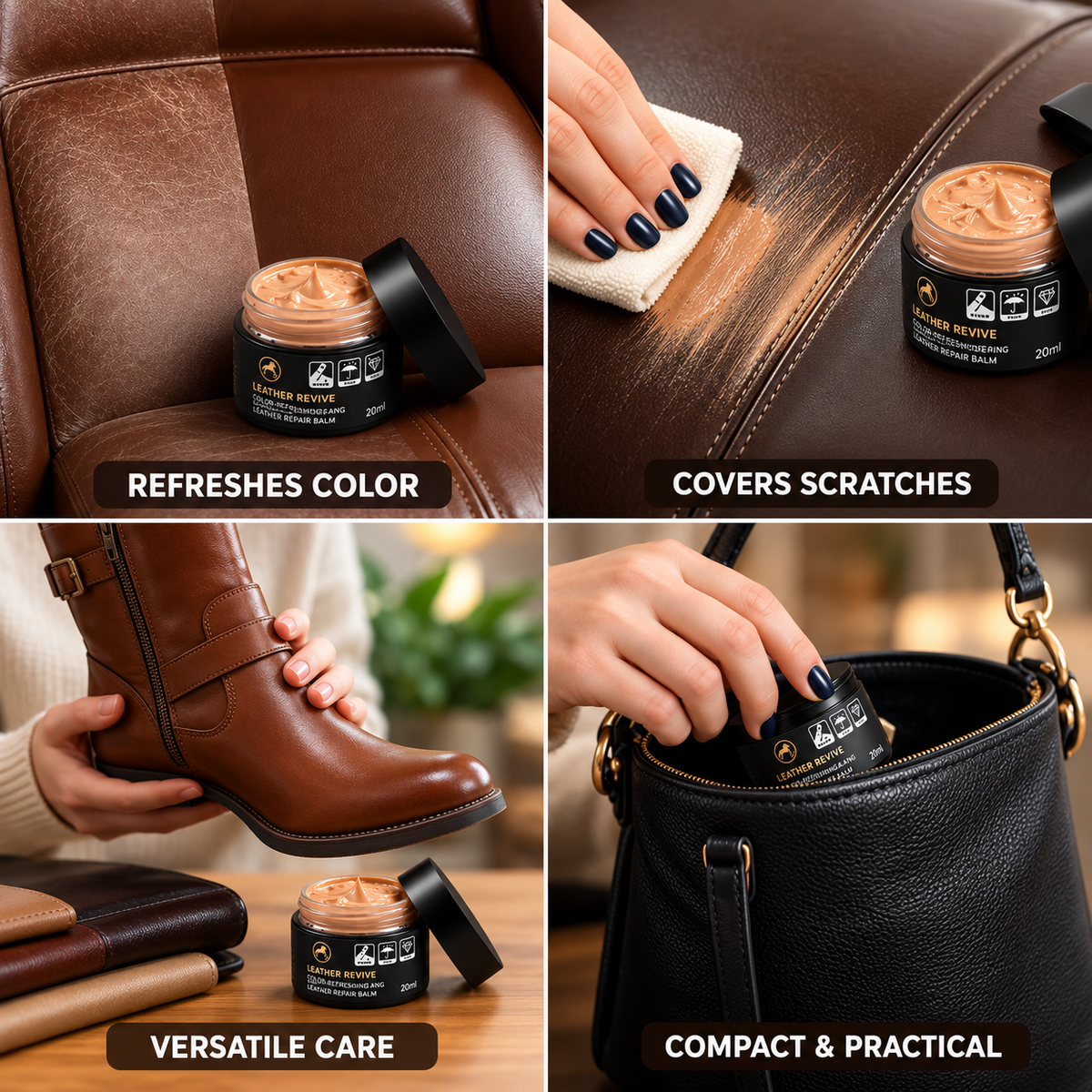 Baume réparateur pour cuir 20ml, raviveur de couleur et correcteur de rayures pour meubles, voitures, chaussures, sacs et accessoires en cuir | Sulvida
