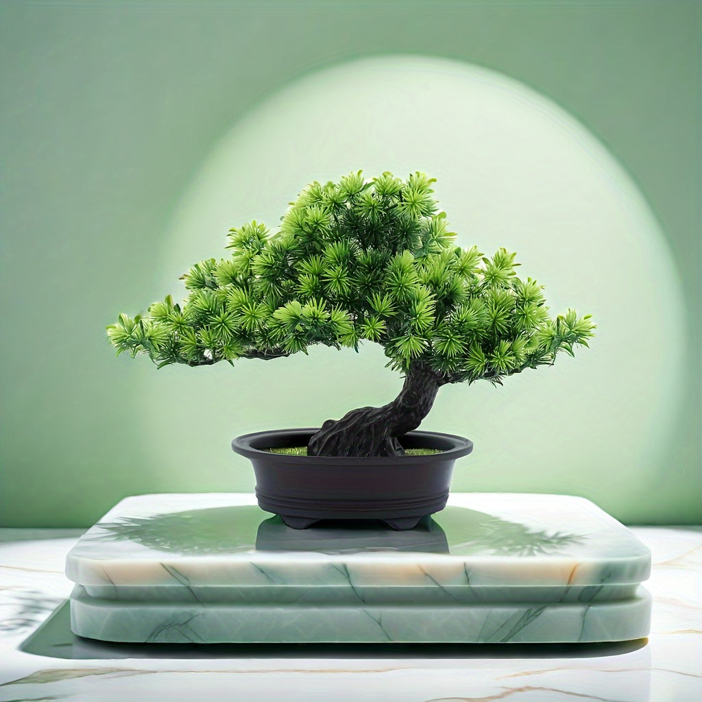 Bonsaï décoratif artificiel de 24 cm de haut avec pot noir, sans entretien, plante artificielle verte pour l’intérieur | Sulvida