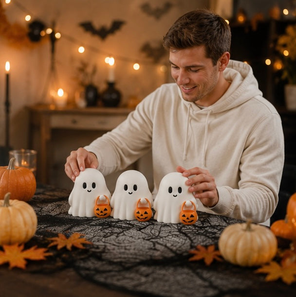 Spookjes Decoratieset Halloween - 3 Schattige Geesten met Pompoen - Herfsttafel Decoratie Herfst Sfeer | Sulvida