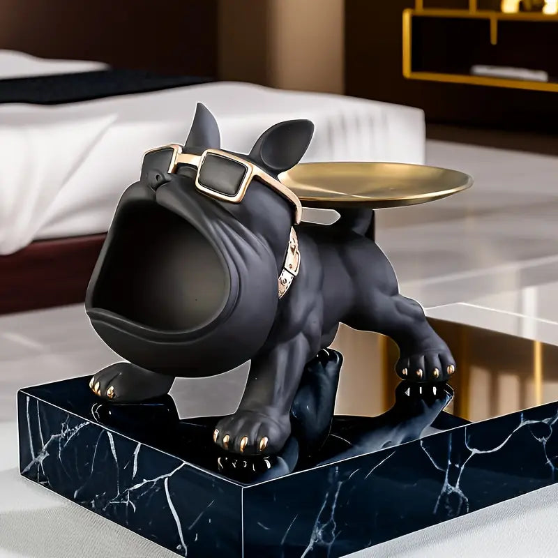 Bulldog Opbergbeeld Zwart Hars 30cm – Decoratieve Organizer Woonkamer Bureau Sculptuur Huisdier Cadeau | Sulvida