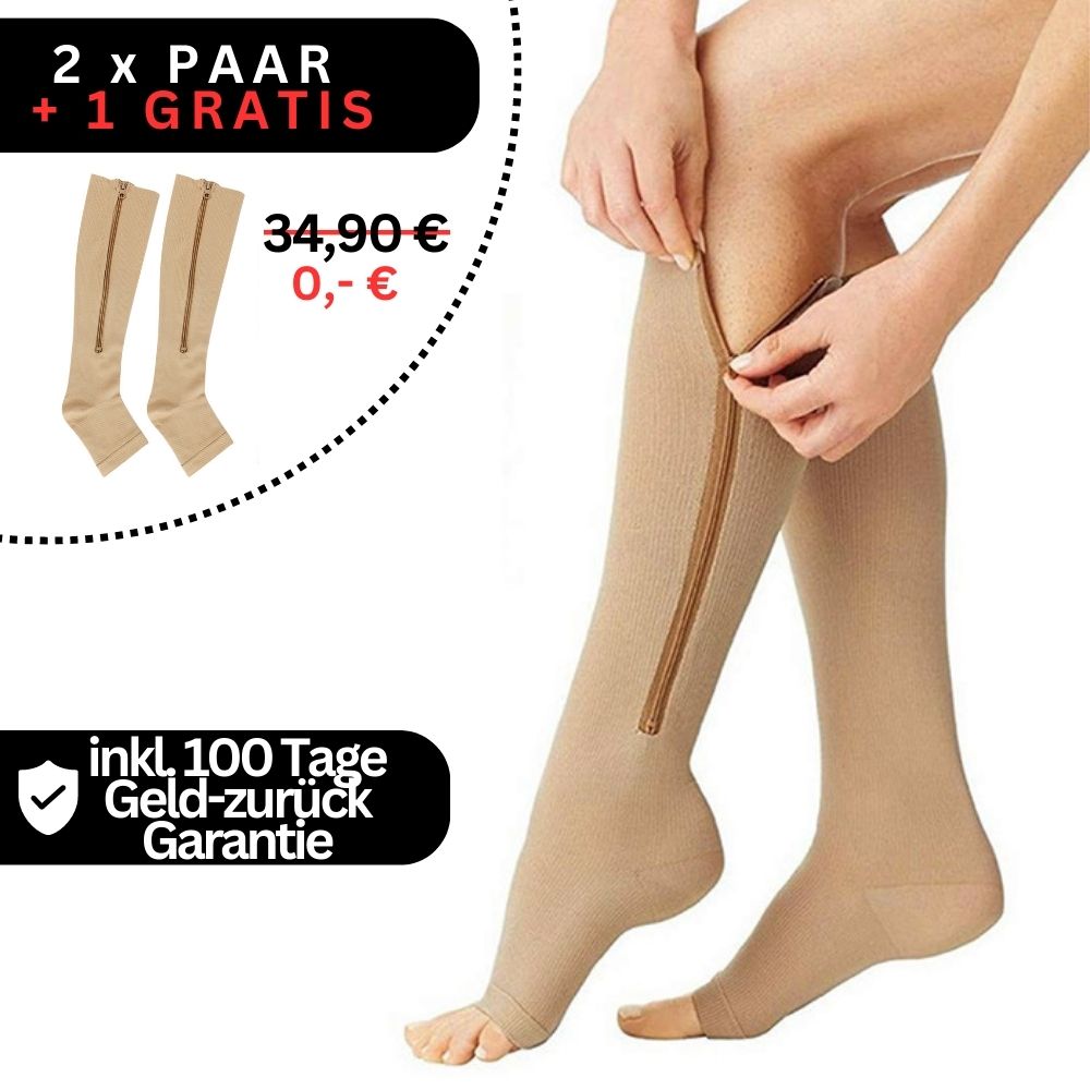 Compressiekousen met ritssluiting zwart nude steunkousen voor dagelijks comfort reizen beenondersteuning preventie | Sulvida