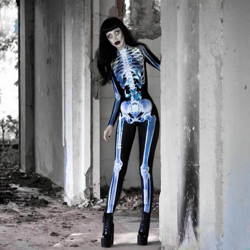 3D Skeletpak Halloween Kostuum voor Dames en Heren Bodysuit met Rits Volledig Bedrukt Spookachtig Feest | Sulvida