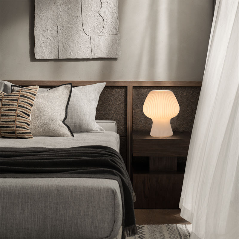 Glazen Paddenstoellamp Tafellamp Vintage Sfeerlicht Bedlampje Geribbeld Glas Warm Licht Dimbaar Slaapkamer Nachtkastje | Sulvida