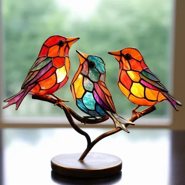 Decoratieve Vogelbeeldjes in Gekleurd Glas – Artistiek Interieurornament in Metaal | Sulvida