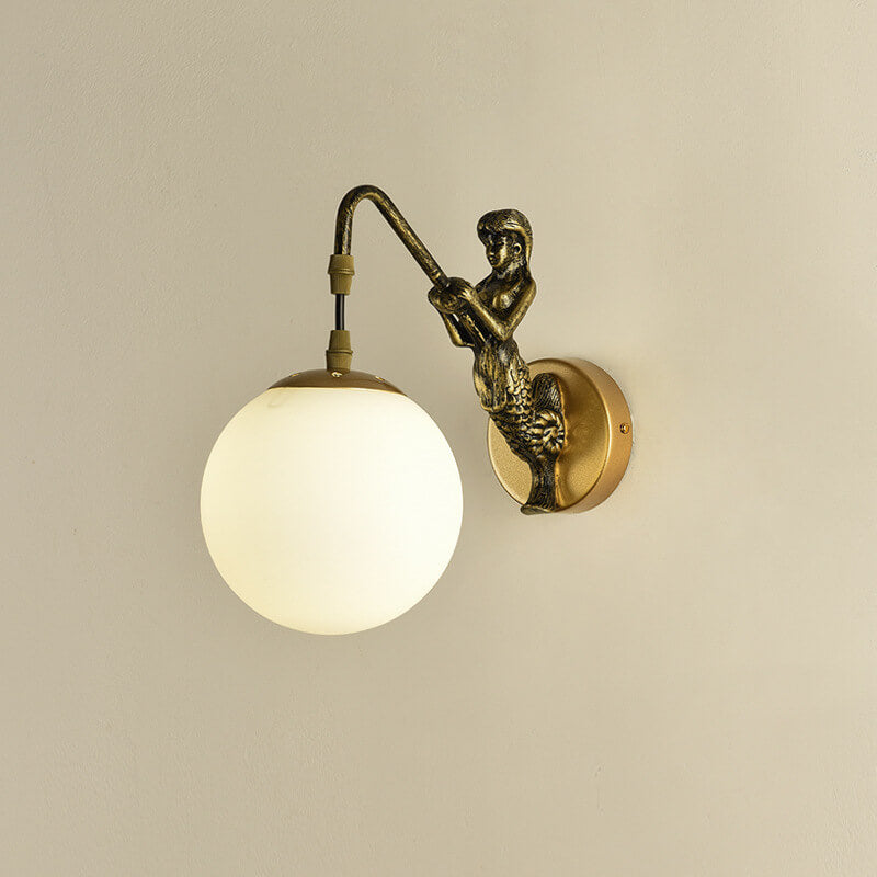 Retro Wandlamp Zeemeermin met Glazen Bol Zwart Goud Brons Landelijke Stijl Vintage Sfeerlicht Verlichting | Sulvida