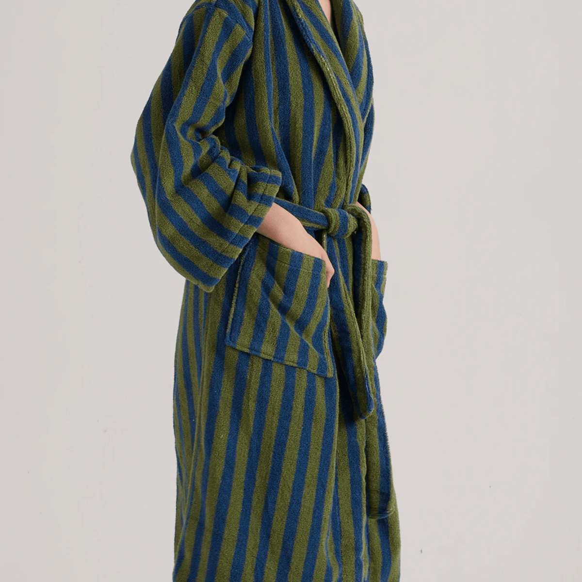 Badjas Katoen Jacquard Blauw Groen Retro – 100% Biologisch Organische Badstof Ochtendjas Luxe Wellness | Sulvida
