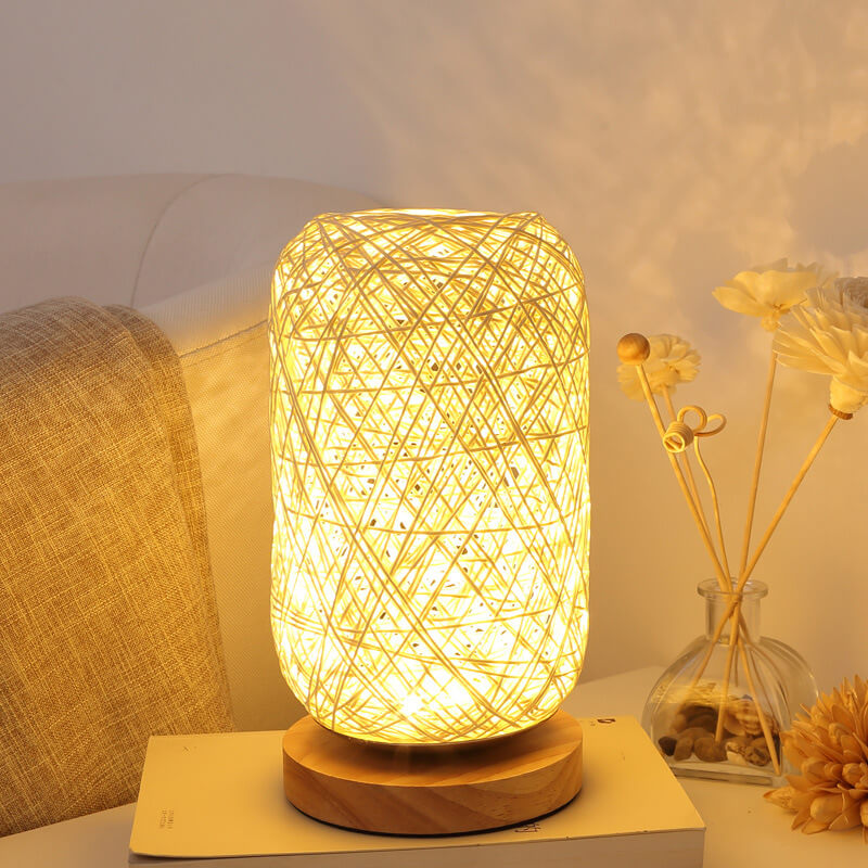Rotan Tafellamp Japandi Design Hout Metaal Industrieel Sfeerlicht Woonkamer Slaapkamer LED Wooninterieur | Sulvida