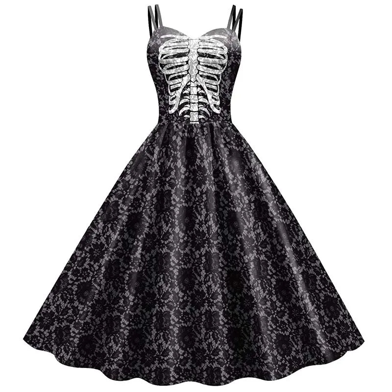 Gothic jurk met skeletten en rozen print zwart rood A-lijn feestjurk vintage stijl dames knie lang retro | Sulvida