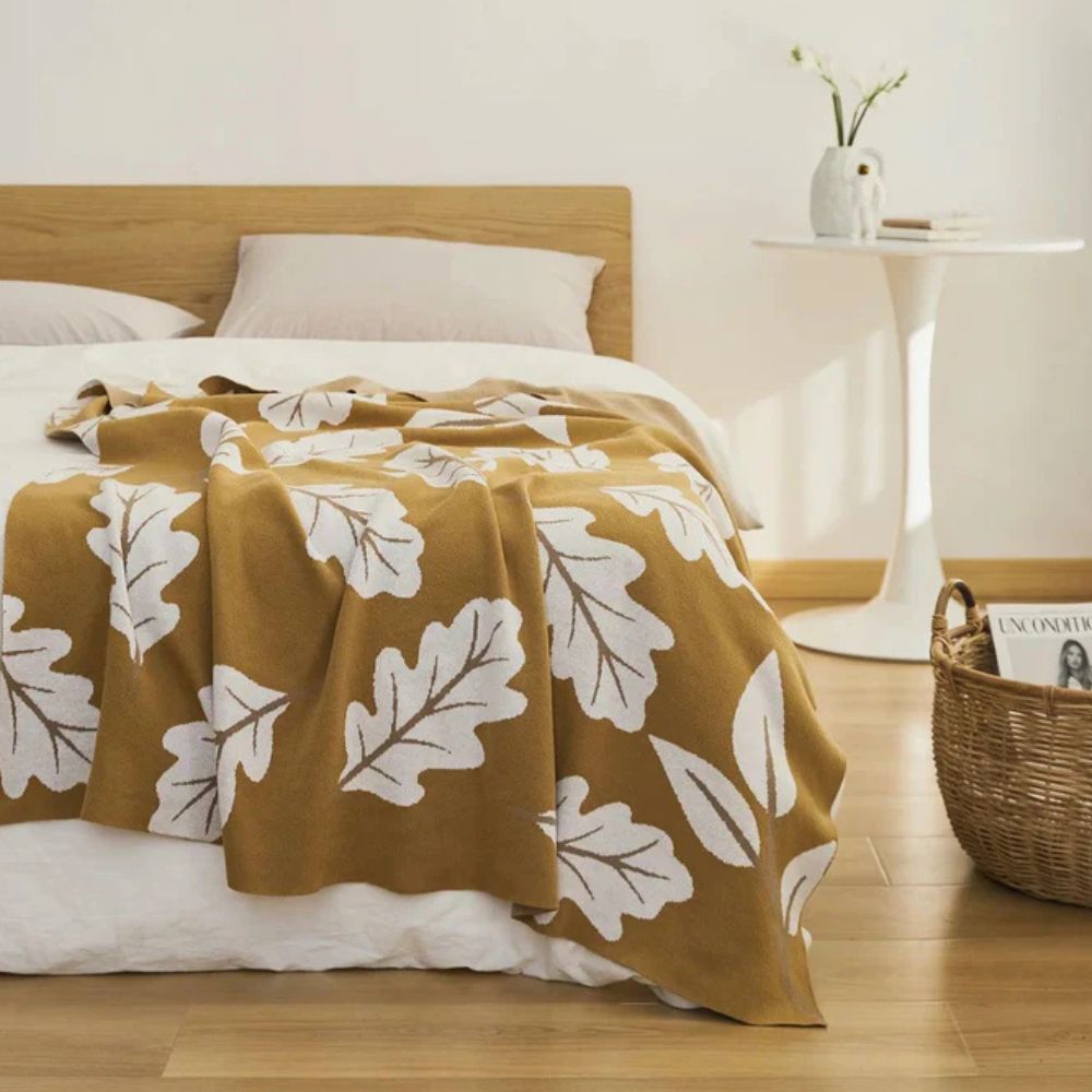 Gebreide Katoenen Plaid met Bladpatroon 130x160 cm Jacquard Deken voor Bed Bank Natuurlijk Botanisch Design | Sulvida