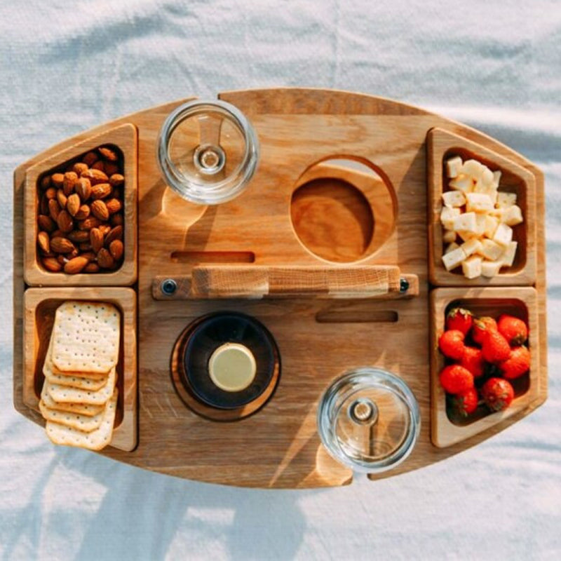 Opvouwbare Picknicktafel Eikenhout – Draagbare Wijnhouder met Vakken voor Strand Tuin Picknick Camping | Sulvida