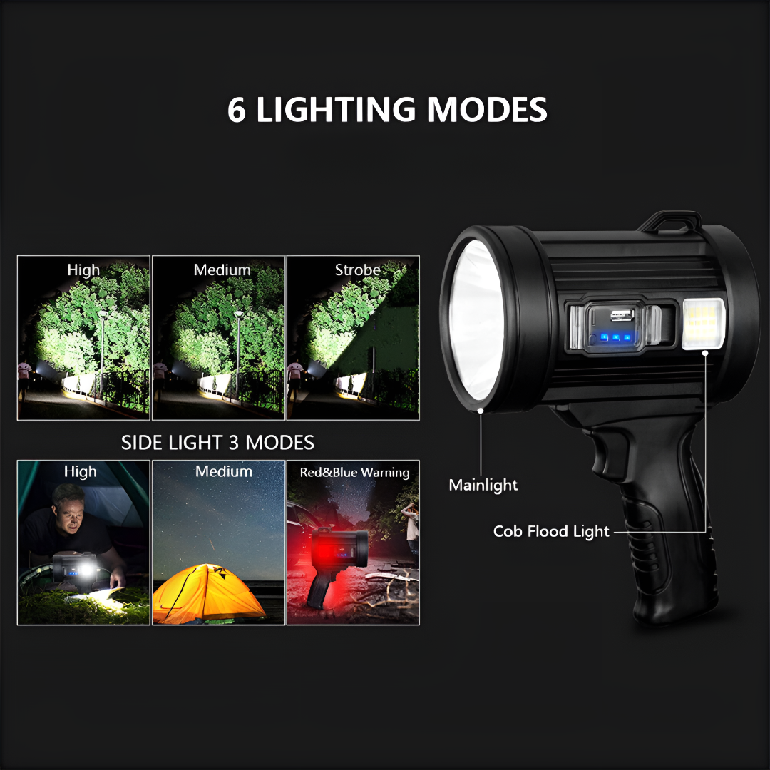 Lampe torche LED rechargeable 100000 lumens, lumière blanche, bleue et rouge, résistante aux intempéries, éclairage d’urgence, plein air, camping | Sulvida
