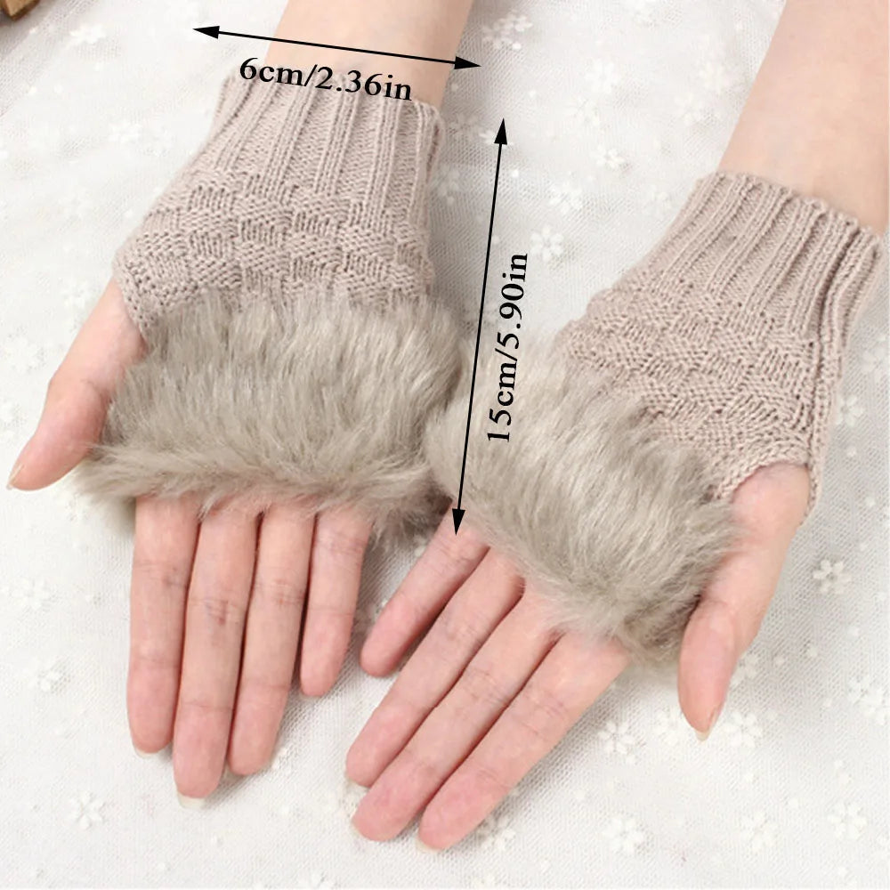 Vingerloze Handschoenen Dames Faux Fur Winter Pluche Wanten Gebreide Warme Touchscreen Winterhandschoenen | Sulvida