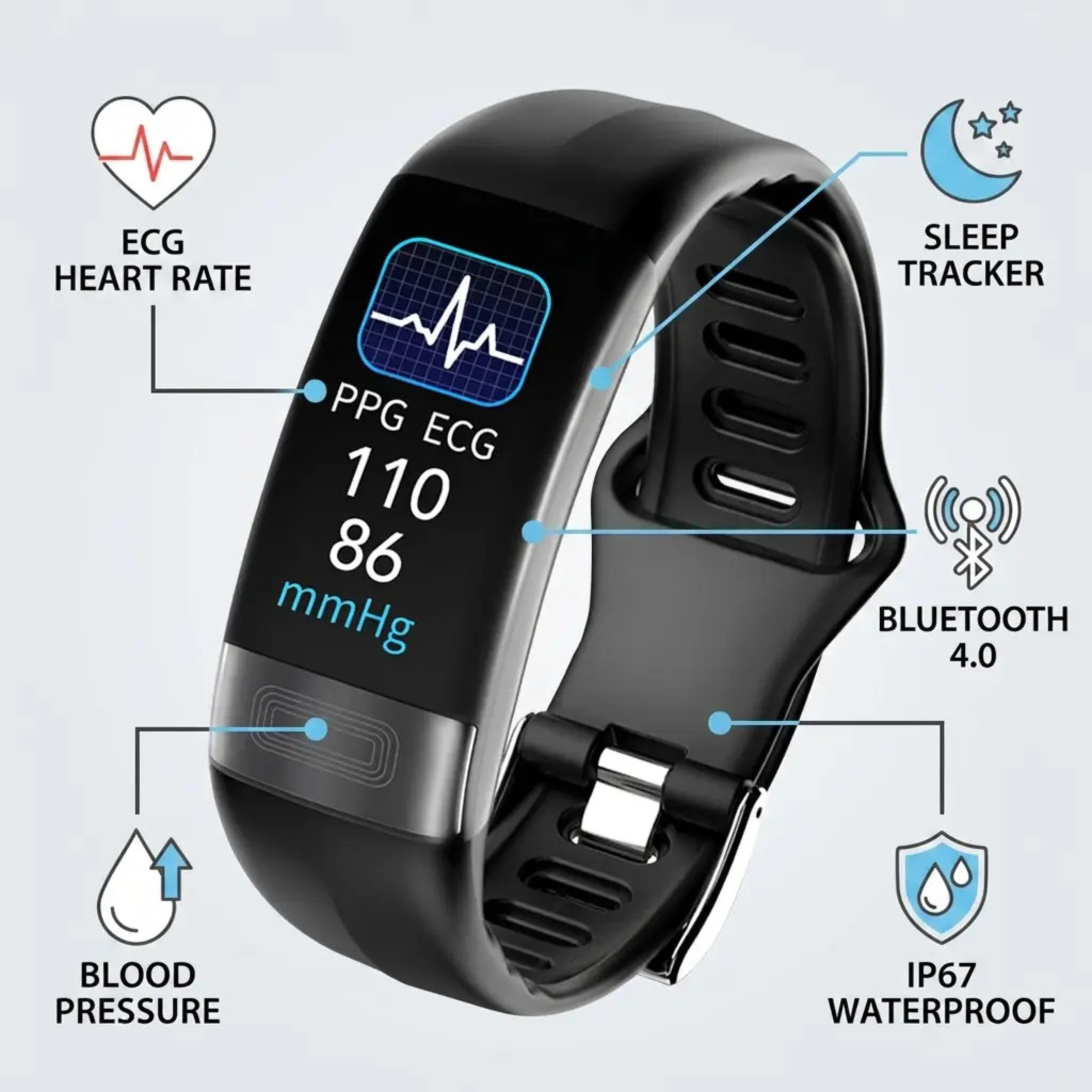 Activity Tracker met Bloeddrukmeter, Hartslag, Zuurstofmeting en Slaapanalyse – Slimme Fitnessarmband Siliconen Band | Sulvida