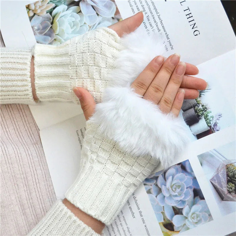 Vingerloze Handschoenen Dames Faux Fur Winter Pluche Wanten Gebreide Warme Touchscreen Winterhandschoenen | Sulvida