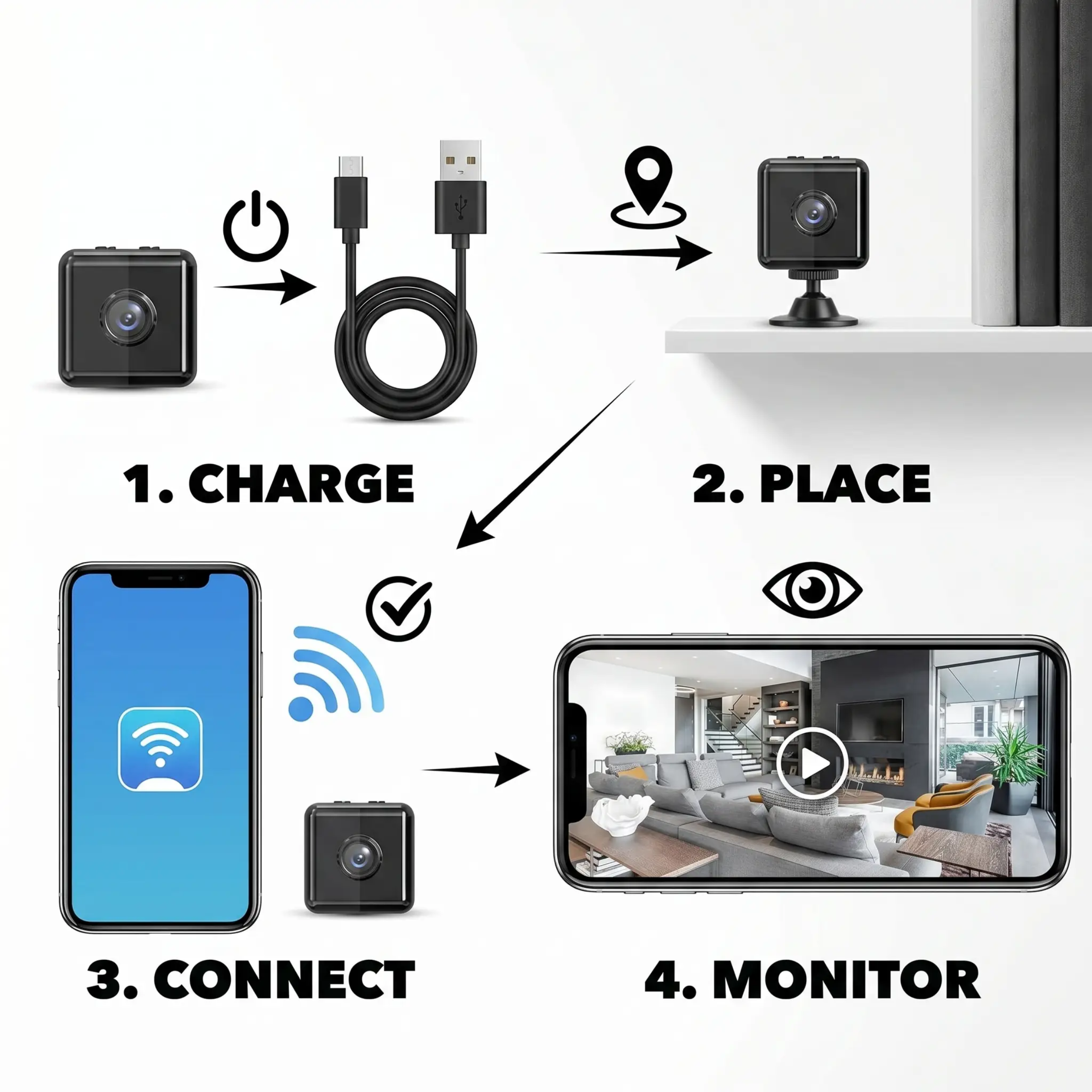 Draadloze WiFi Beveiligingscamera 1080P HD met Bewegingsdetectie en Nachtzicht | Weerbestendig voor Binnen en Buiten | App-bediening en Cloud Opslag | Mini IP Camera voor Thuis of Kantoor | Sulvida