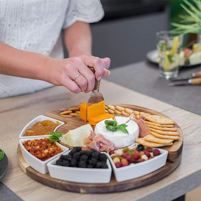 Serveerplank Rond Acaciahout 33cm met Kommen Messen Kaasplank Tapasschaal Hapjesplank Borrelplank Snijplank | Sulvida