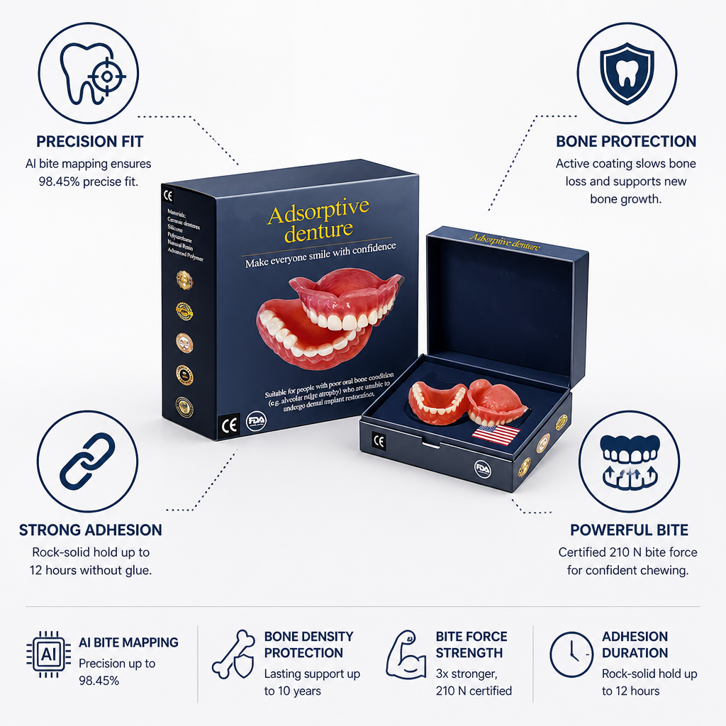 Dentier entièrement ajustable avec adhérence 12 heures et soutien de la mâchoire pour un sourire naturel et un confort optimal | Sulvida