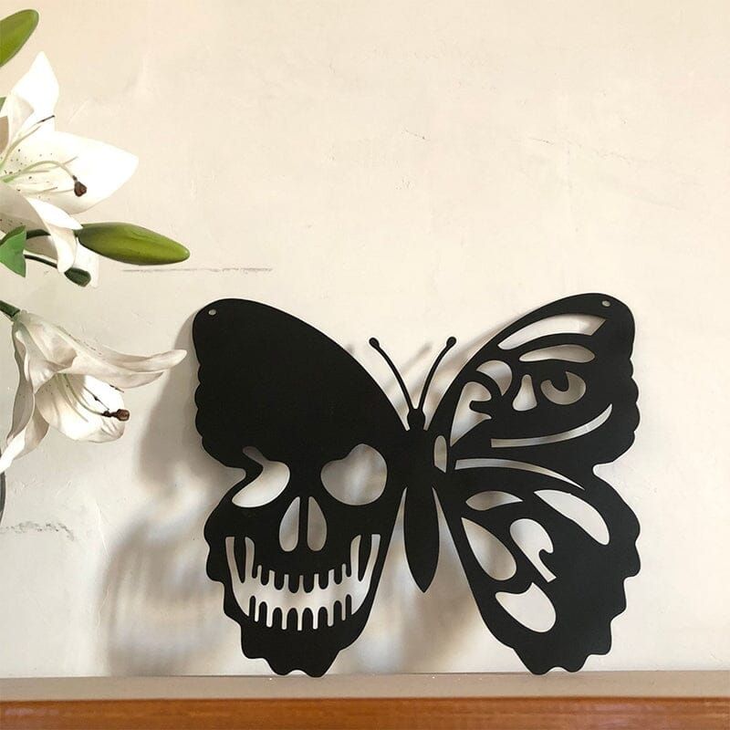Metalen Vlinder Schedel Wanddecoratie Gothic Design Kunstwerk Interieur Woonkamer Kantoor Zwart Muurdecoratie | Sulvida
