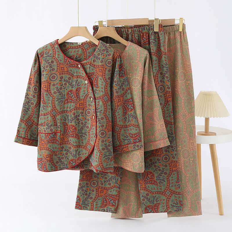 Vintage Jacquard Loungewear Set met Ronde Hals en Knopen – Zachte Katoenen Thuiskleding voor Dames en Heren, Comfortabele Pyjama voor Binnen | Sulvida
