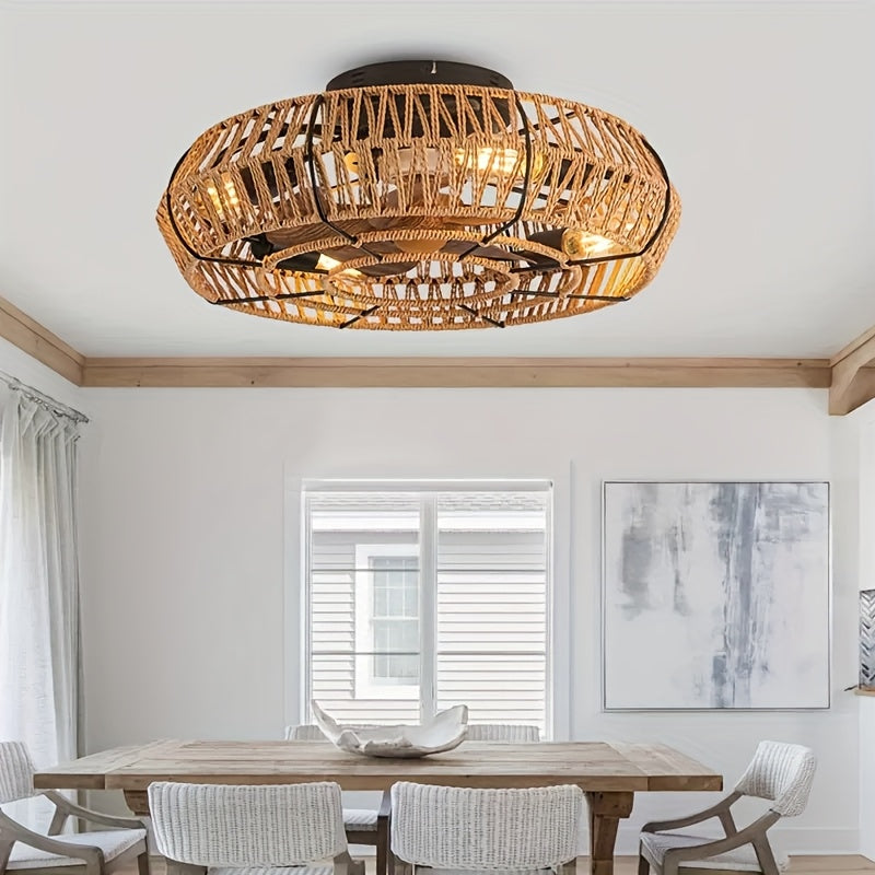 Natuurlijke Rotan Plafondventilator 48 cm Zen Stijl Sfeervolle Ventilator met LED Verlichting E27 Woonkamer | Sulvida