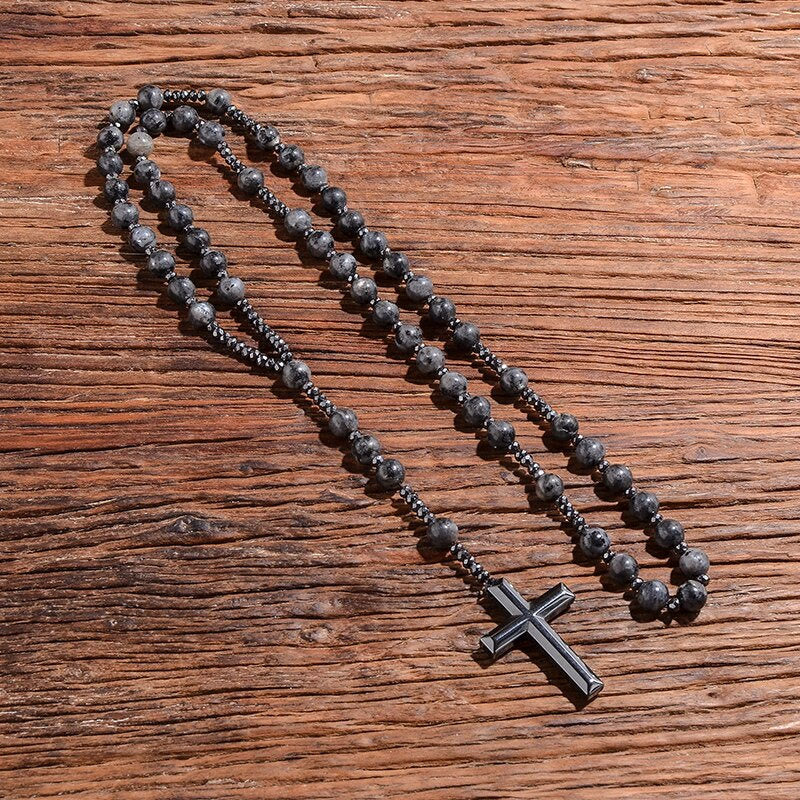 Collier chapelet pour homme en pierres naturelles, œil-de-tigre, lapis-lazuli, croix, perles, réglable, spirituel, bijou de prière | Sulvida