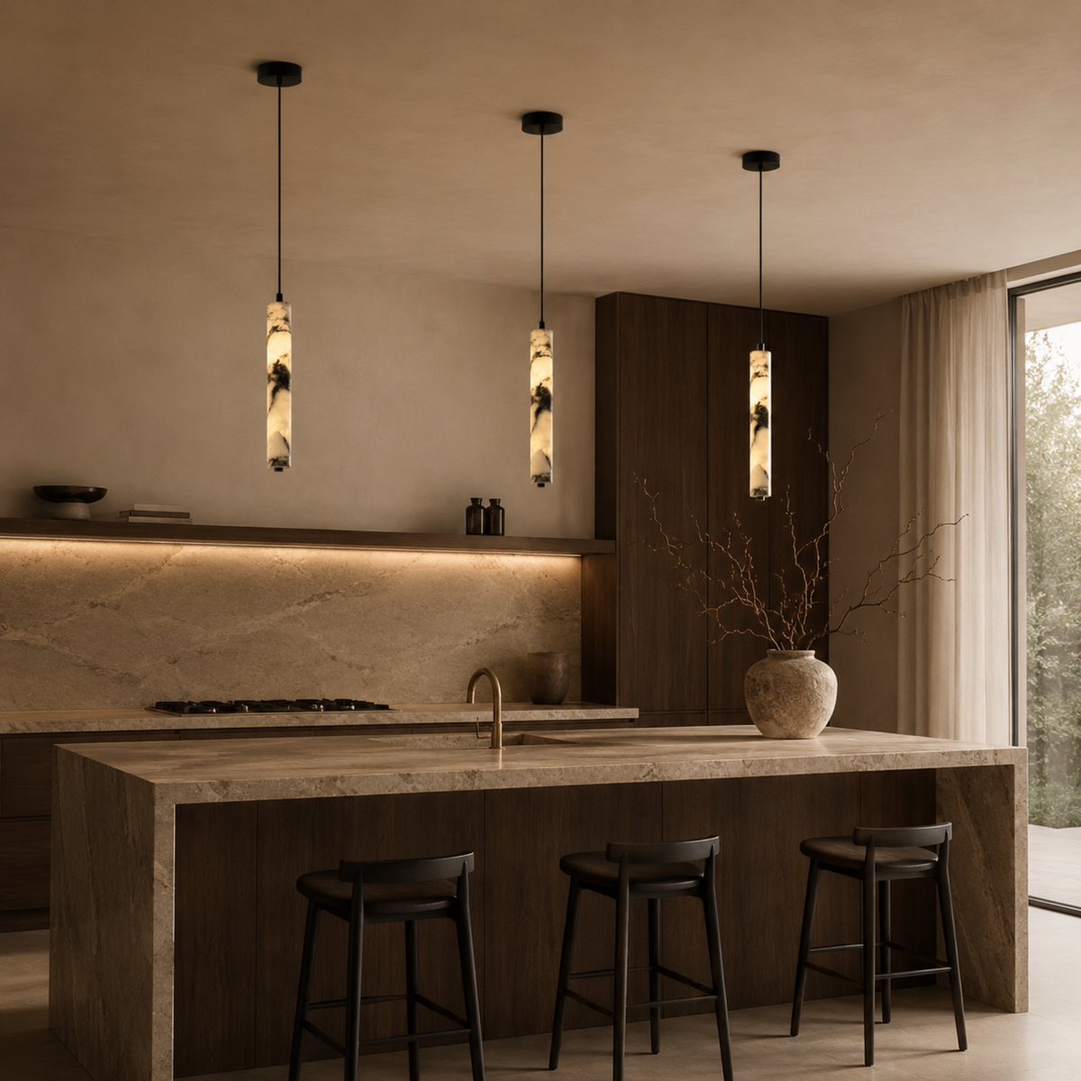 Stein-Zylinderlampe aus Naturstein, Hängelampe, Schwarz, Kaffeefarbe, Esszimmer, Arbeitszimmer, Schlafzimmer, stimmungsvolle Beleuchtung | Sulvida