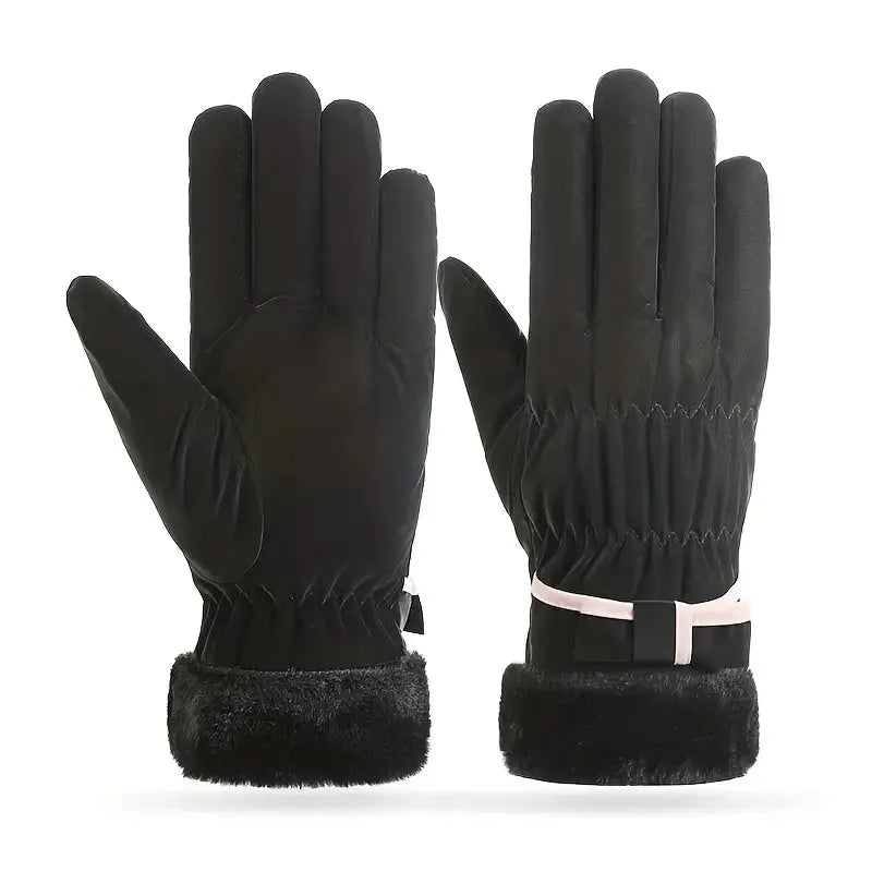 Gants d’hiver avec nœud et fonction tactile - doublés en peluche pour femme - adaptés au ski et au vélo | Sulvida
